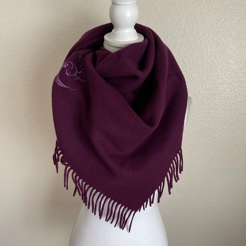 Christian Dior large purple 100% wool scarf fringe fluffy warm logo CD floral